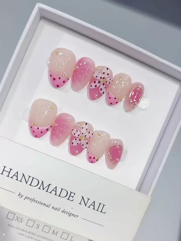 D662 - Short Nude Pink Almond French Tip Polka Dot Bows - product video 1