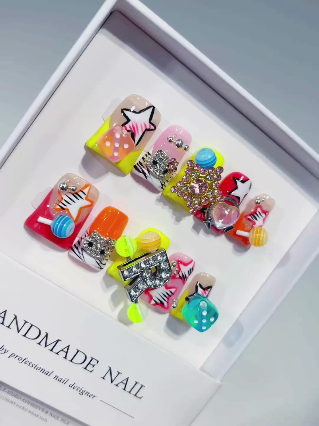 Orange Pink Yellow Red Silver Abstract Star Letter Flower Rhinestone 3D press on nails video