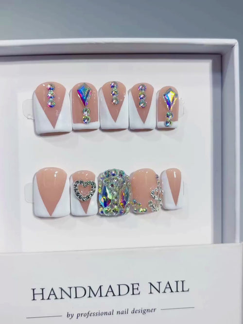 Nude White Blue Silver French tip Rhinestone press on nails video