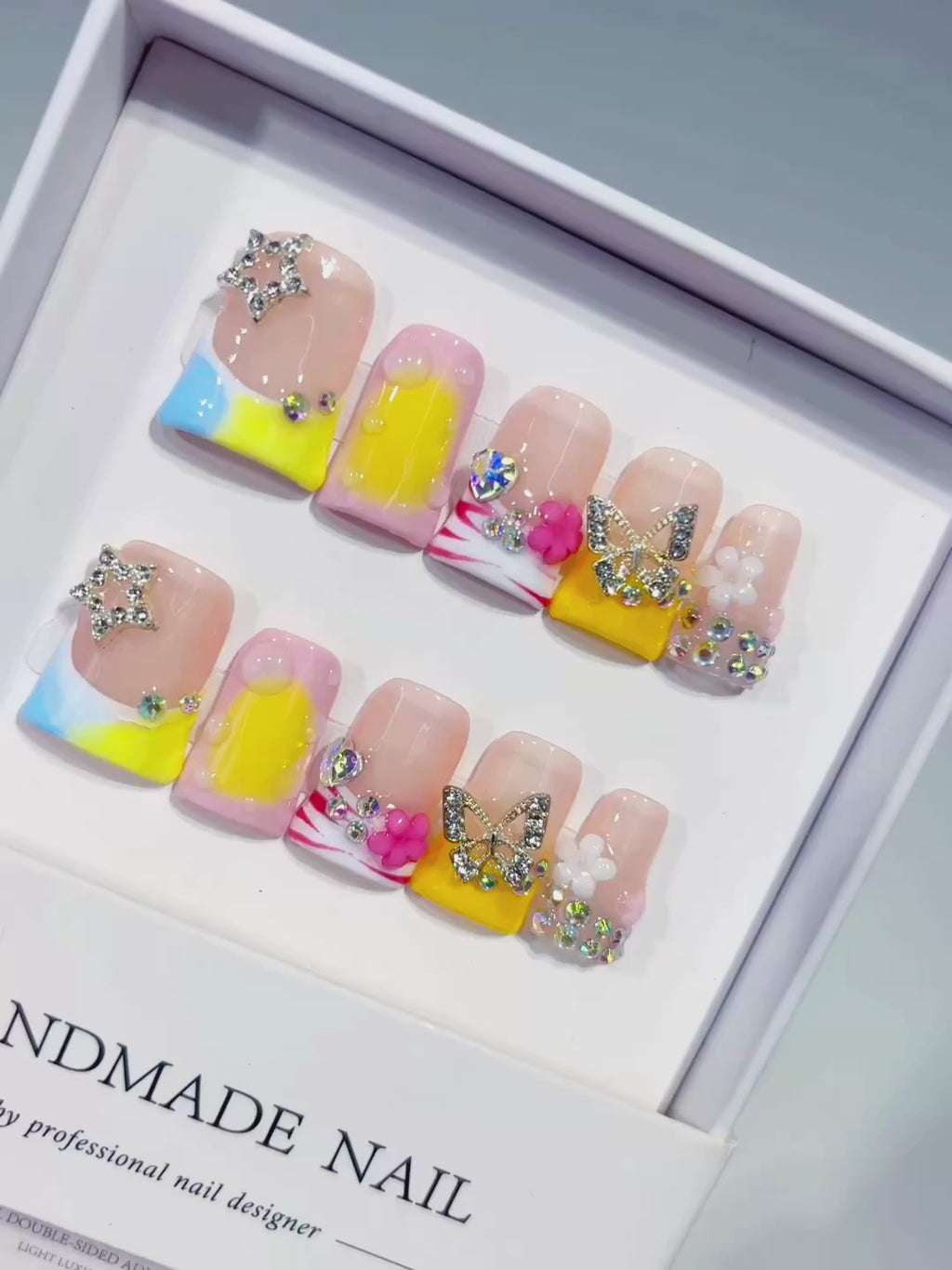 Nude Yellow White Gold Abstract Flower Heart Rhinestone press on nails video