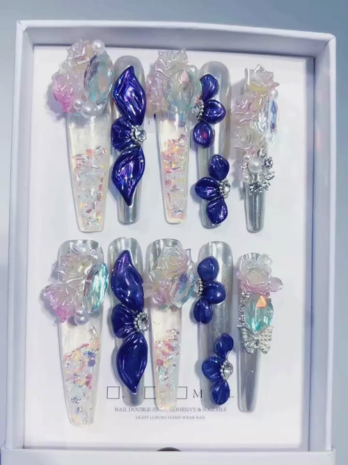 Silver Purple White Pink Multicolor Metallic Bow Rose Pearl Rhinestone Glitter 3D press on nails video