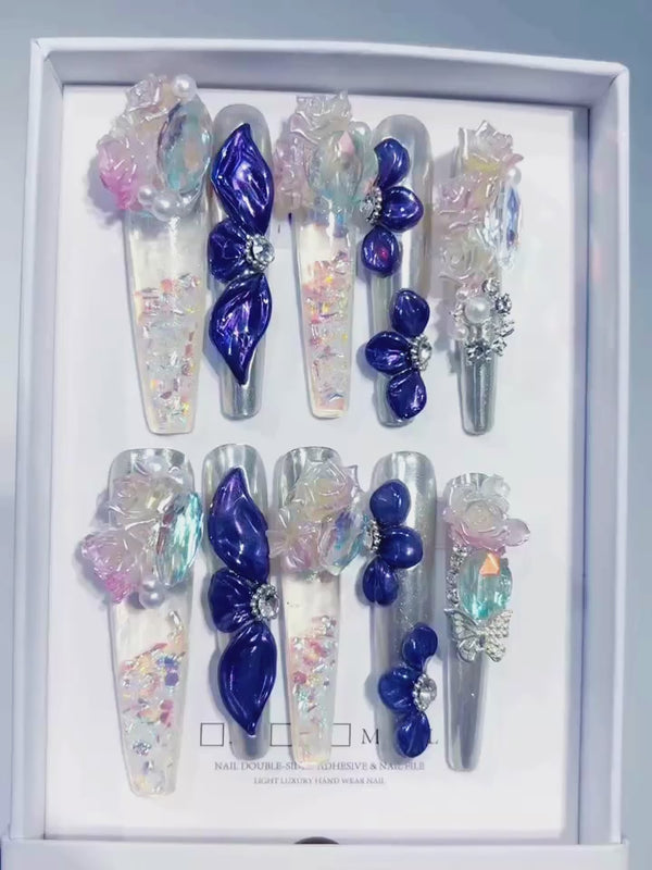 Silver Purple White Pink Multicolor Metallic Bow Rose Pearl Rhinestone Glitter 3D press on nails video