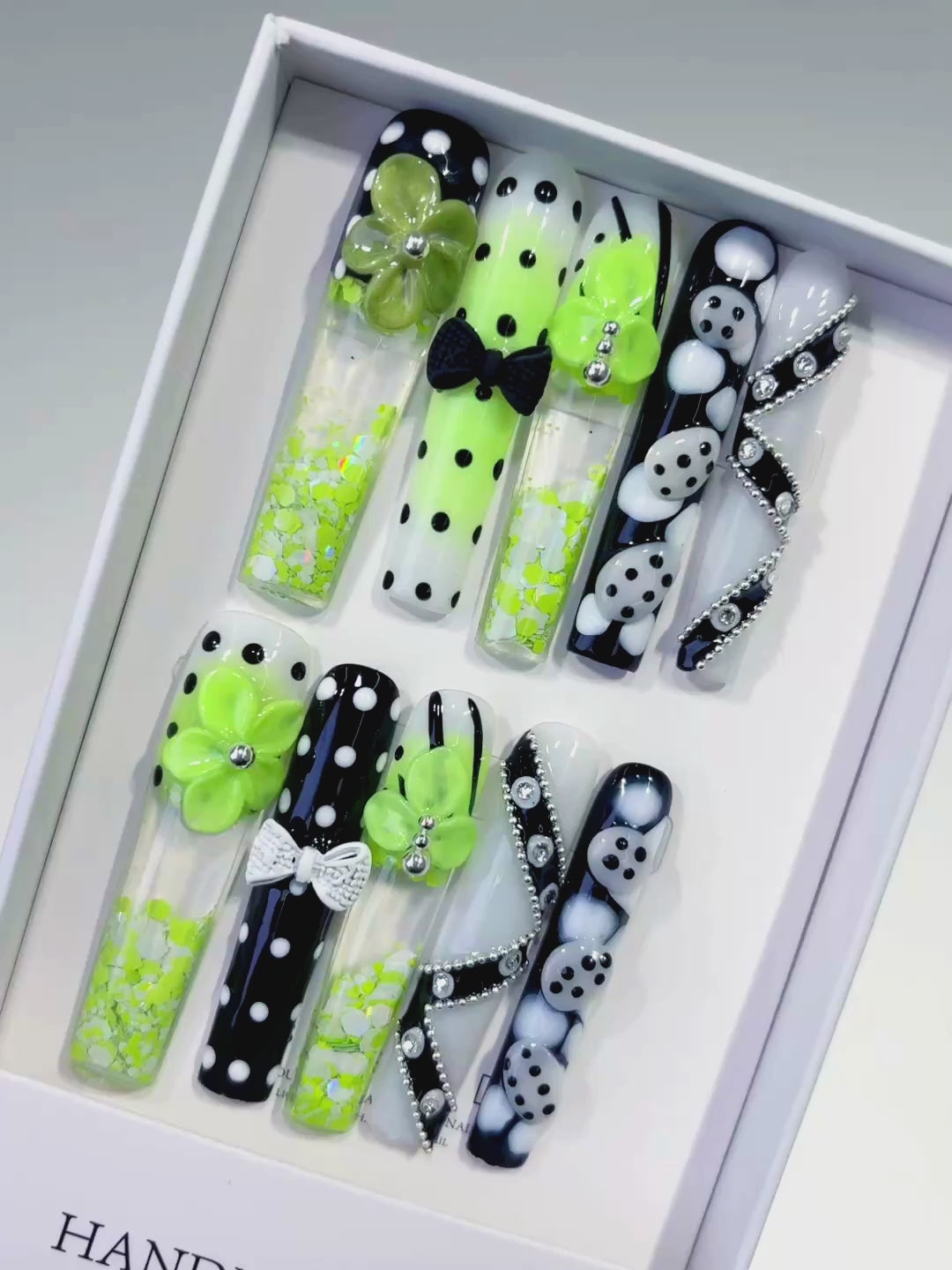 Green Black White Silver Abstract Flower Bow Dot Rhinestone Confetti 3D press on nails video