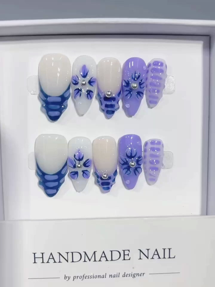 D663 - Medium Nude Blue Almond Gingham French 3D Flowers - product video 1