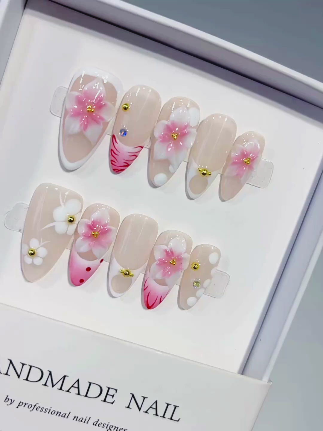 Nude Pink White French tip Flower Dot Pattern press on nails video