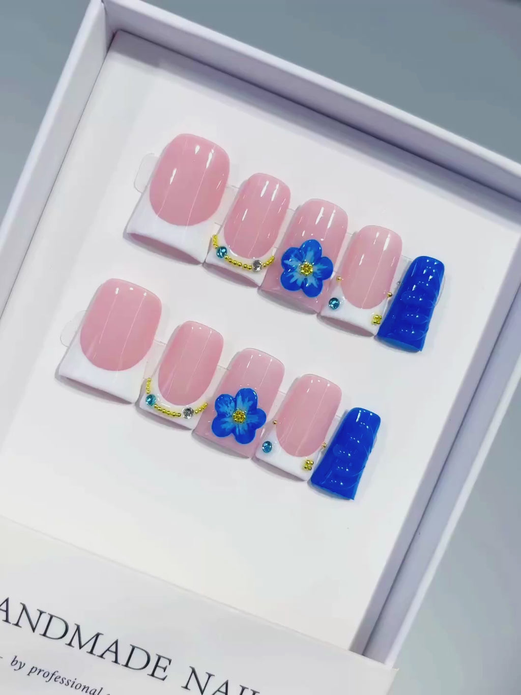 Pink White Blue Gold French tip Flower Rhinestone 3D press on nails video