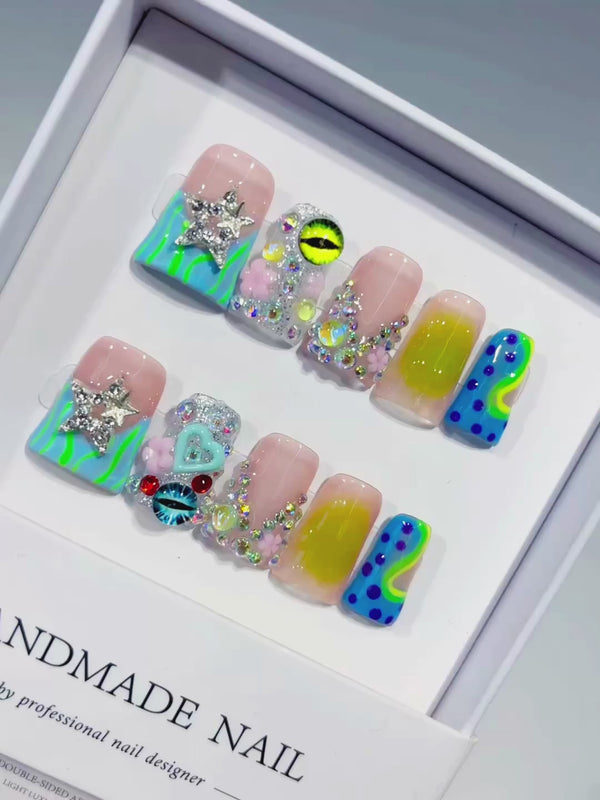 Nude Green Blue Yellow Pink Silver Abstract Flower Heart Eye Star Rhinestone press on nails video