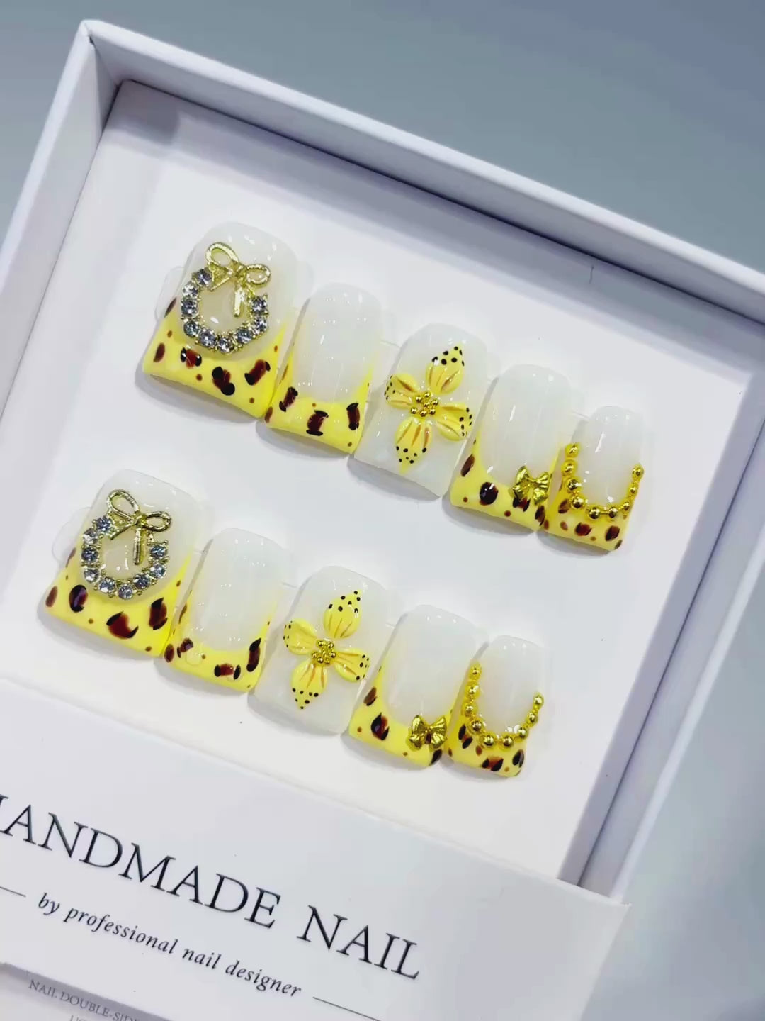 Yellow White Gold Black French tip Bow Heart Rhinestone press on nails video