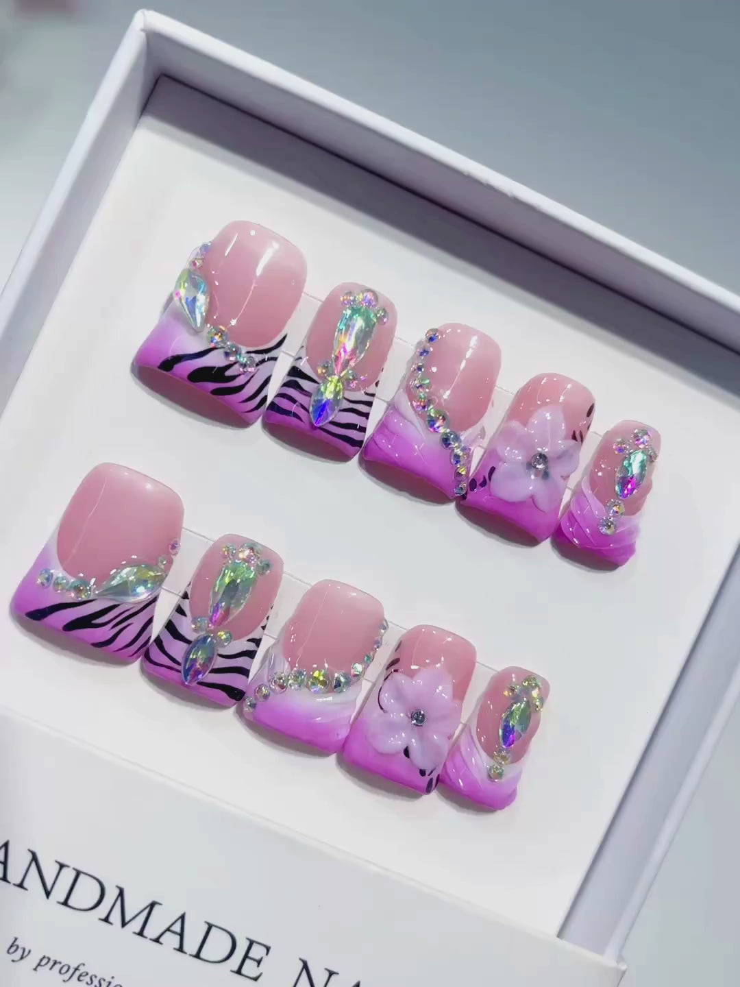 Pink White Purple Silver French tip Flower Heart Rhinestone press on nails video