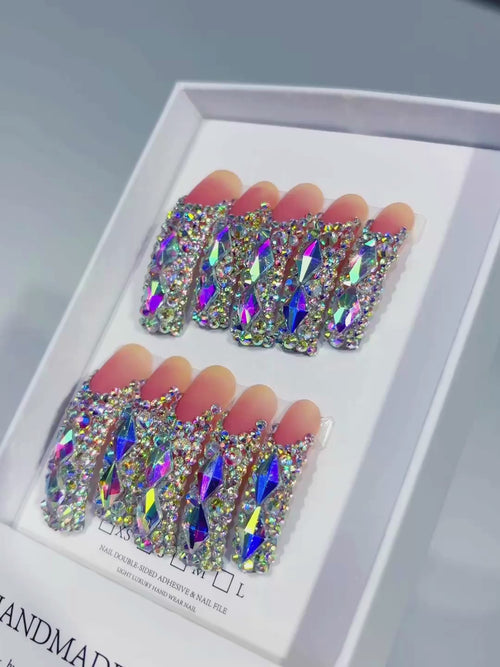 Nude Silver Multicolor Solid color Rhinestone Crystal Cluster press on nails video