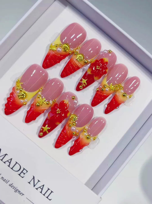 Nude Red Orange Gold French tip Flower Metallic Charm press on nails video