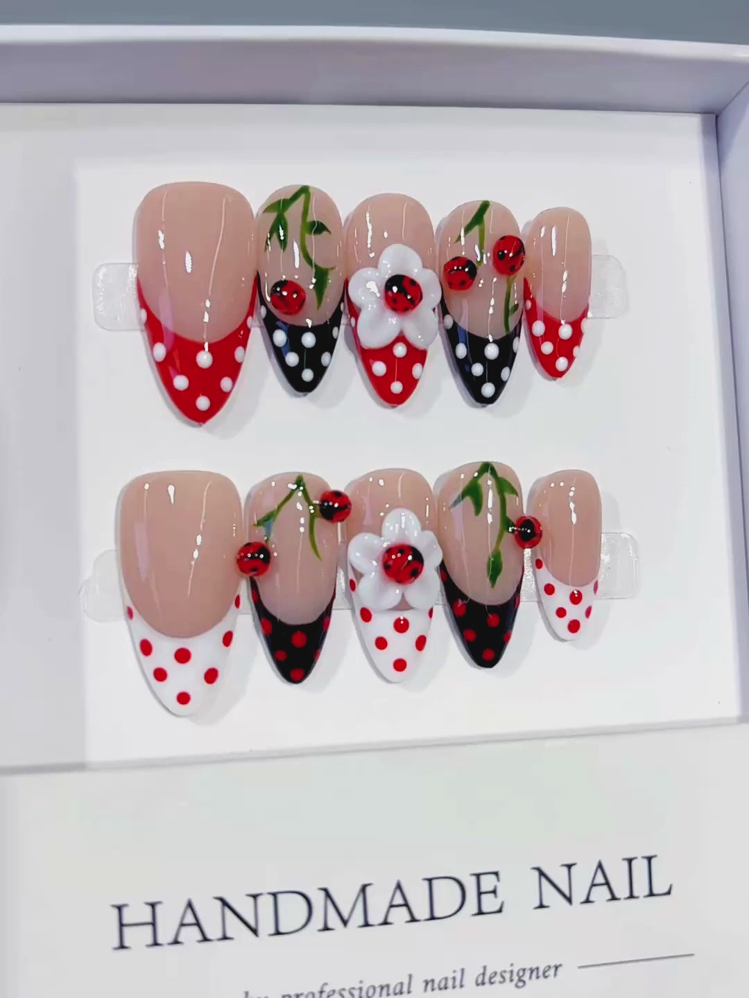 Nude Red Black White French tip Cherry Dot Pattern press on nails video