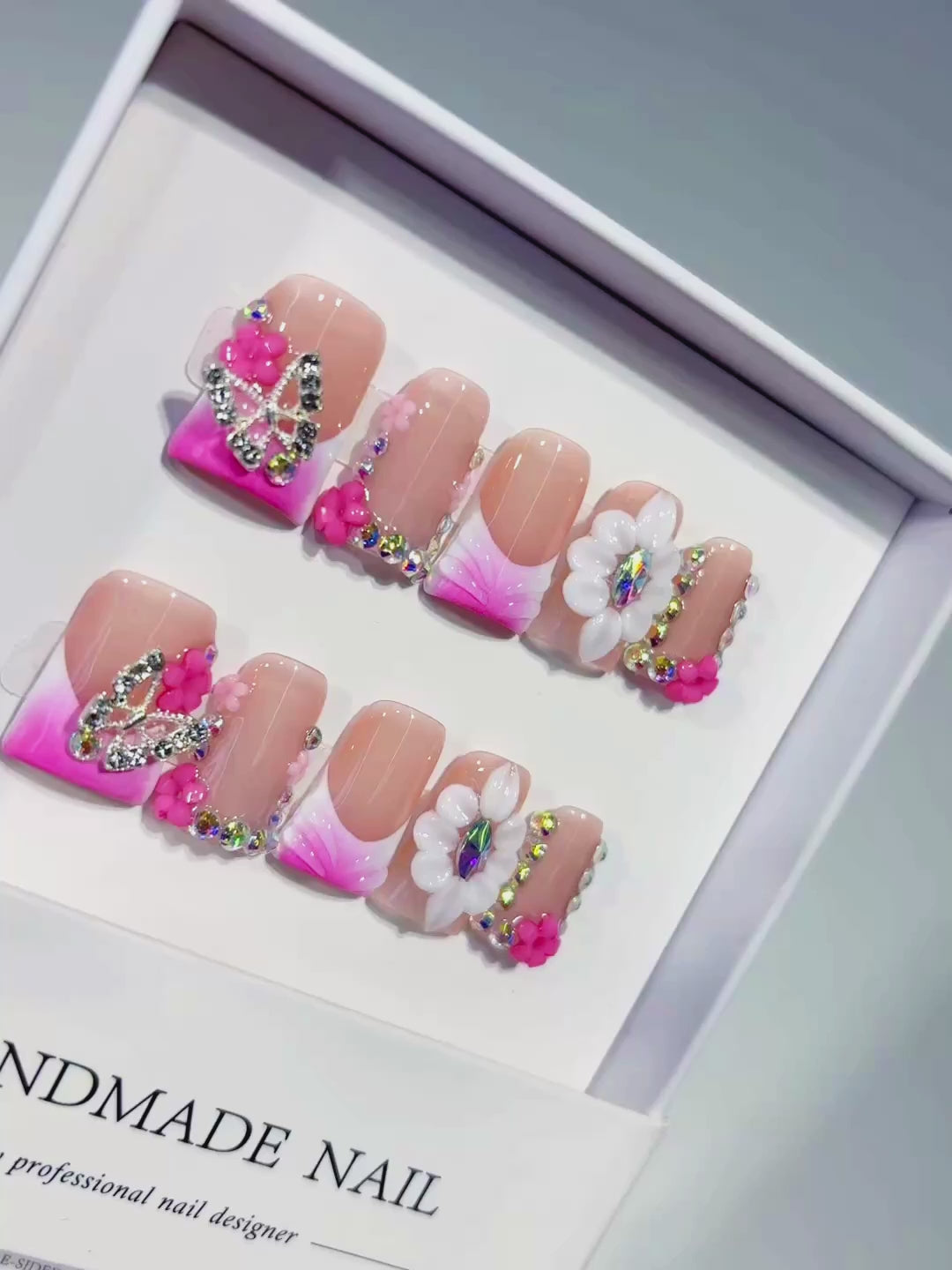 Nude Pink Gold Silver Abstract Flower Butterfly Rhinestone press on nails video