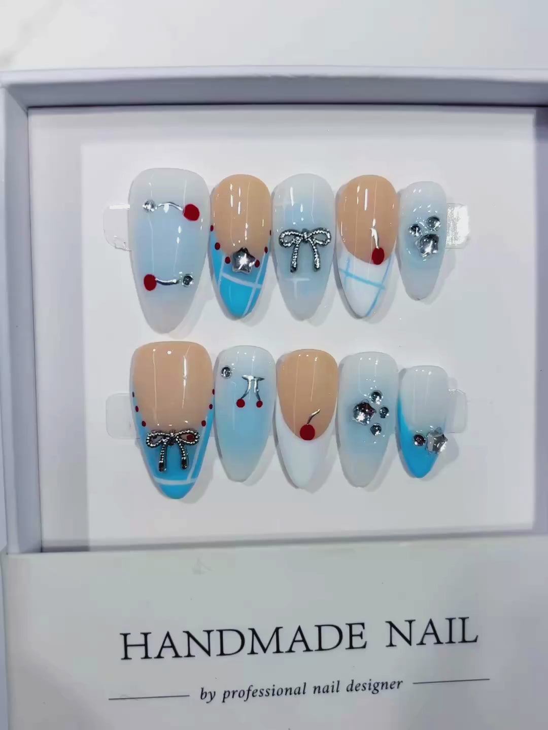 Nude Blue White French tip Bow Heart Cherry Rhinestone press on nails video