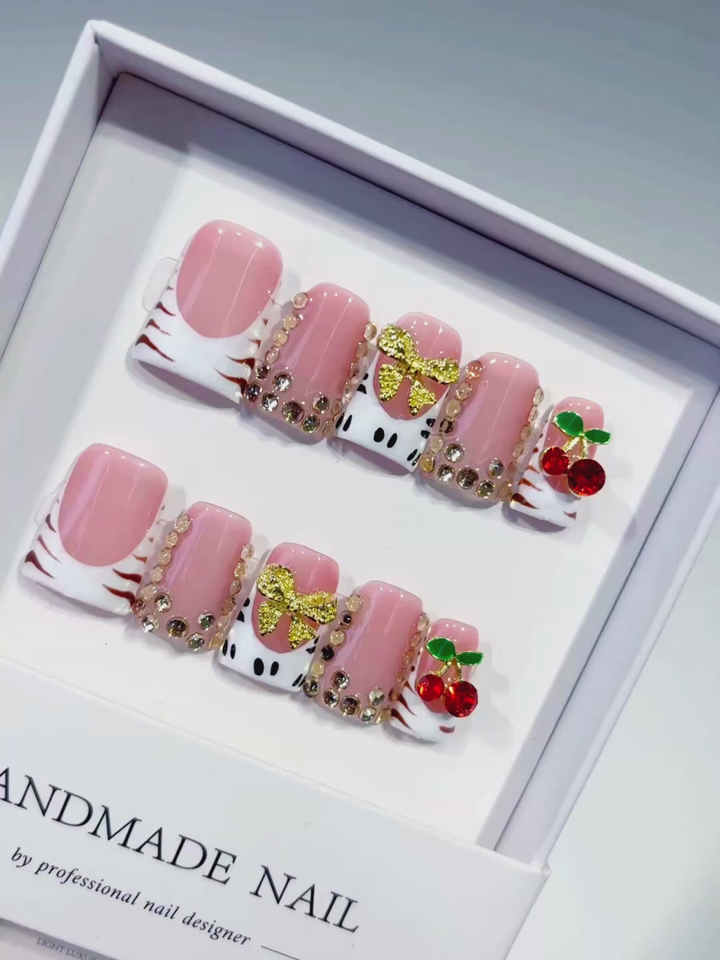 Pink White Gold Red French tip Bow Cherry Rhinestone 3D press on nails video