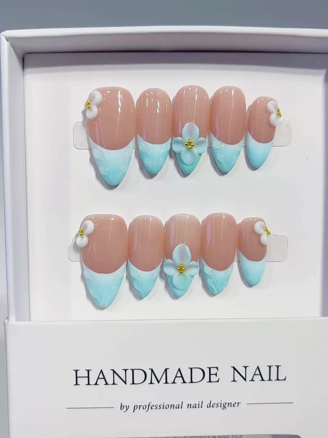 Nude Blue White French tip Flower Bow press on nails video