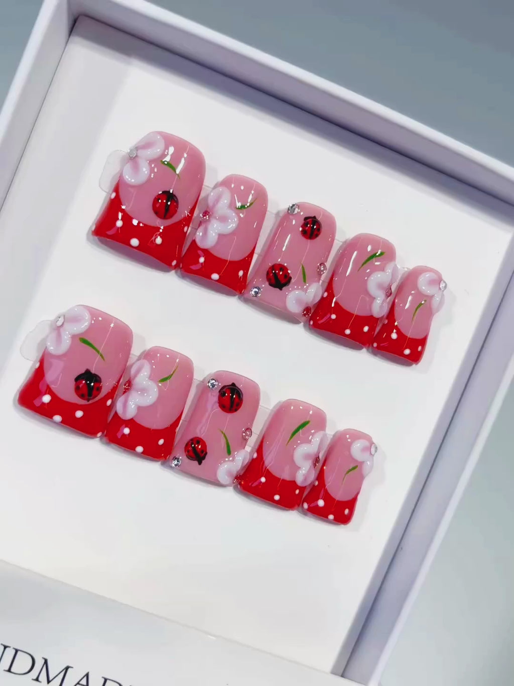 Pink Red White Abstract Ladybug Flower 3D press on nails video
