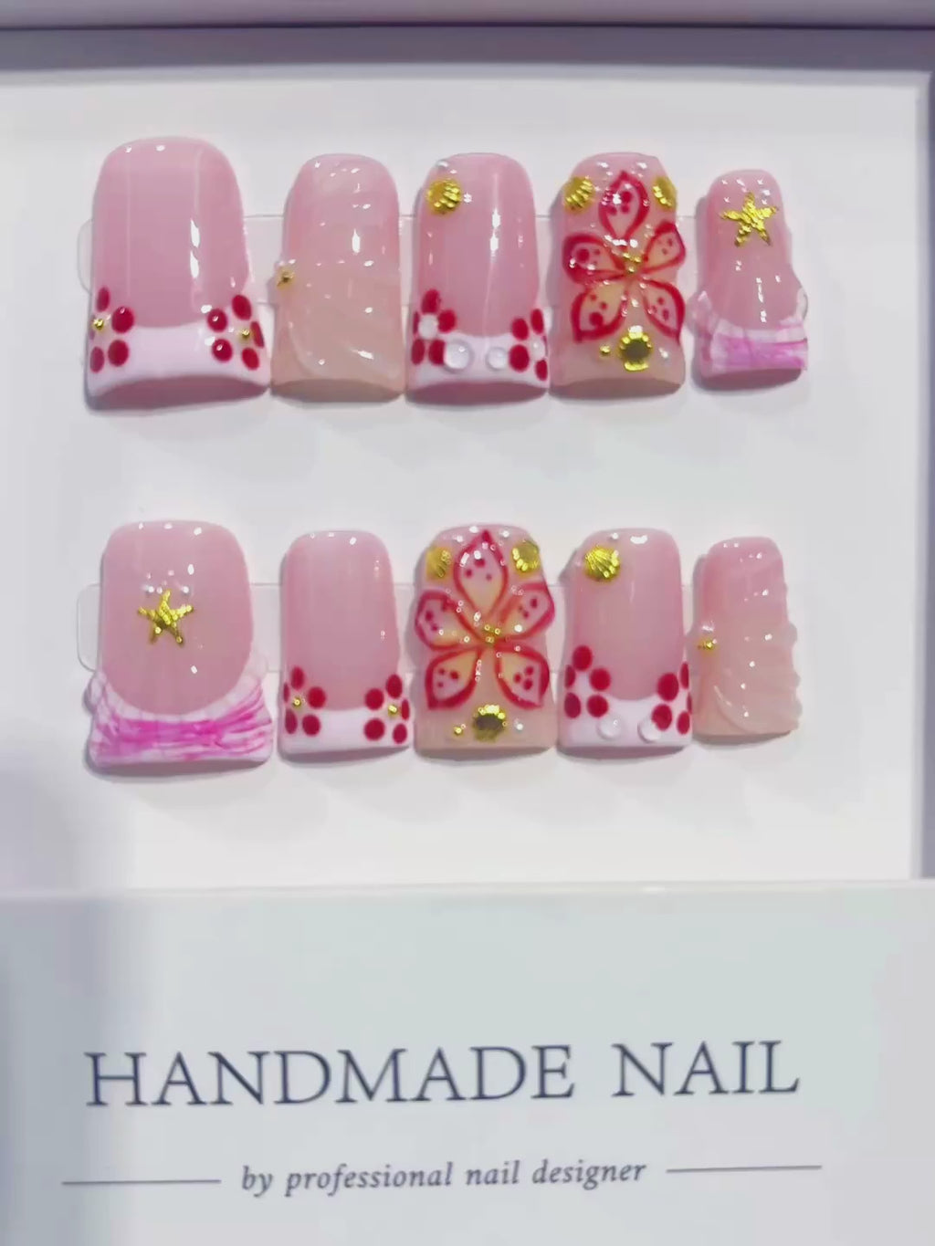 Pink White Gold Red French tip Butterfly Starfish 3D press on nails video