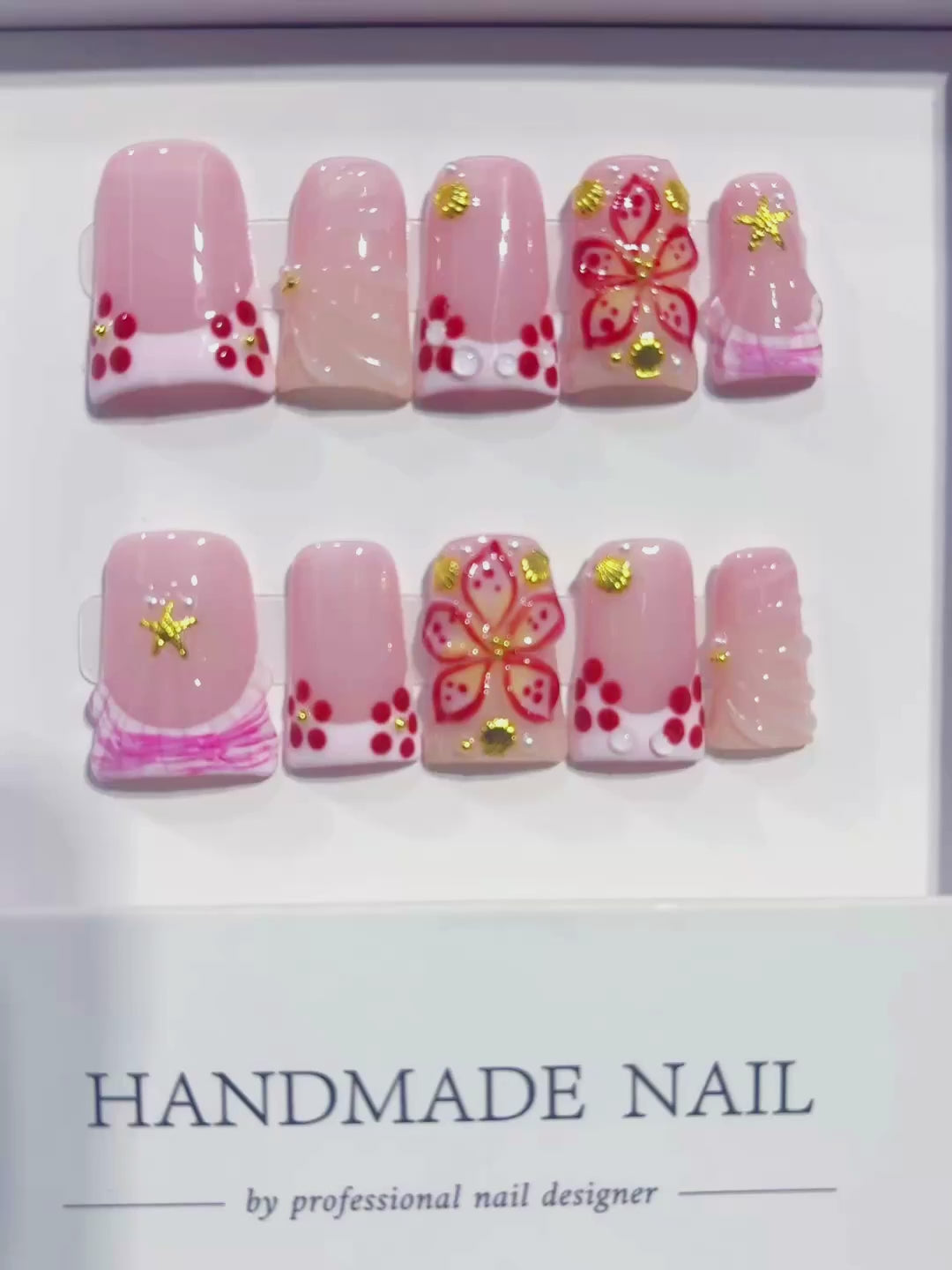 Pink White Gold Red French tip Butterfly Starfish 3D press on nails video