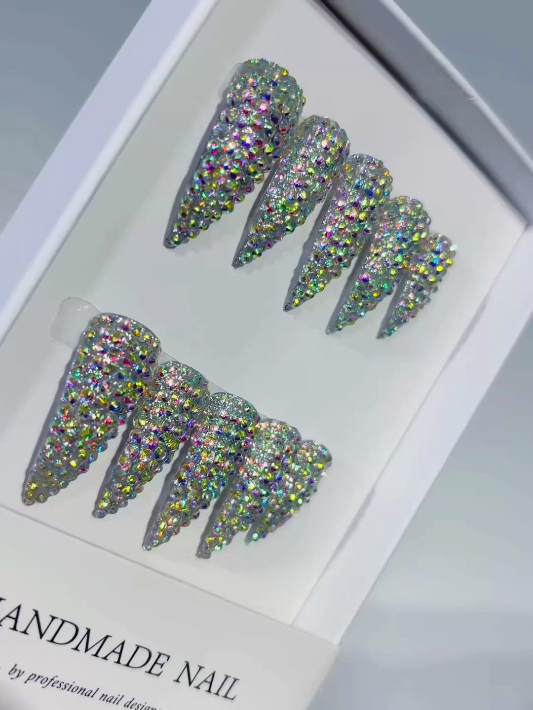 Silver Multicolor Solid color Rhinestone Crystal Cluster press on nails video