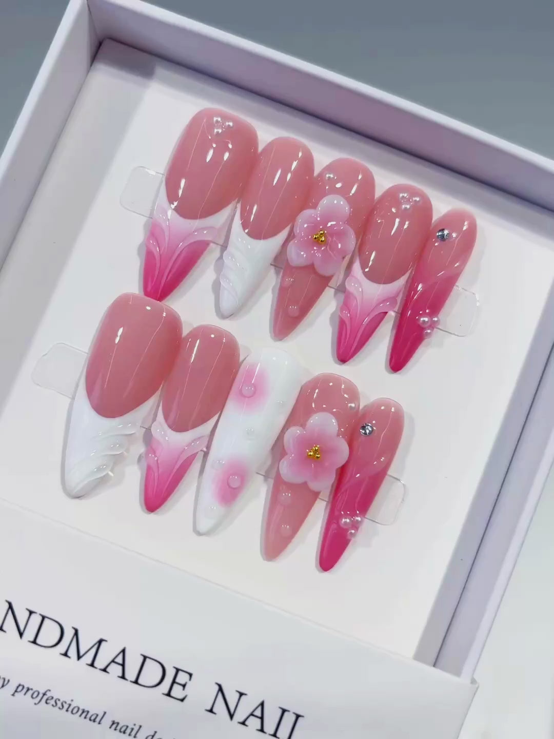 Pink White French tip Flower Shell Rhinestone press on nails video