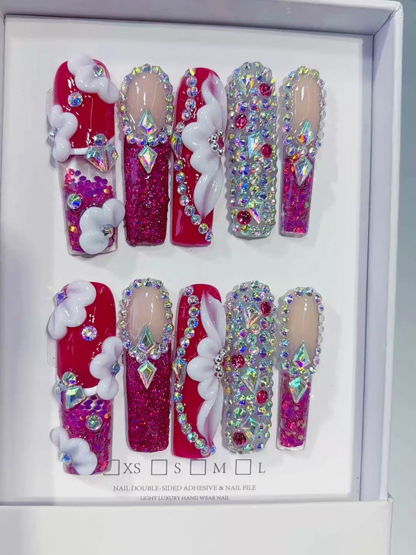 Red Pink White Silver Multicolor Glitter Cloud Rhinestone Crystal Cluster 3D press on nails video