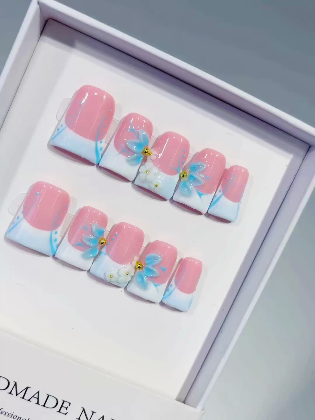 Pink White Blue French tip Flower 3D press on nails video