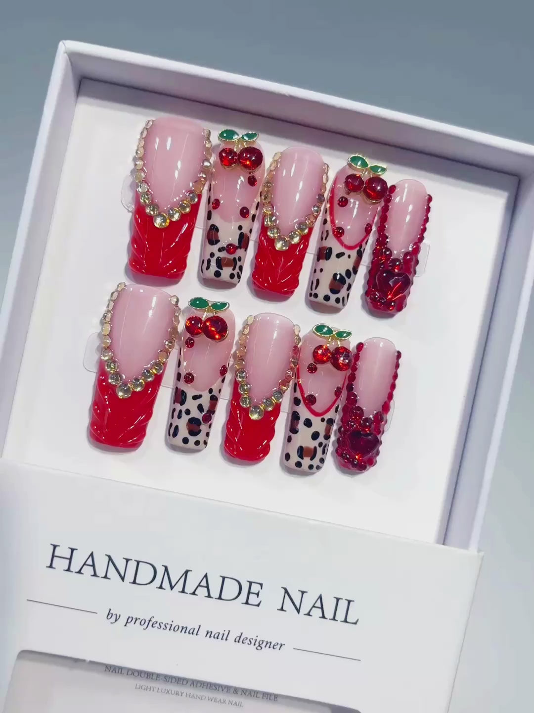 Red Pink White Green Silver Abstract Bow Cherry Heart Animal Print Rhinestone 3D press on nails video