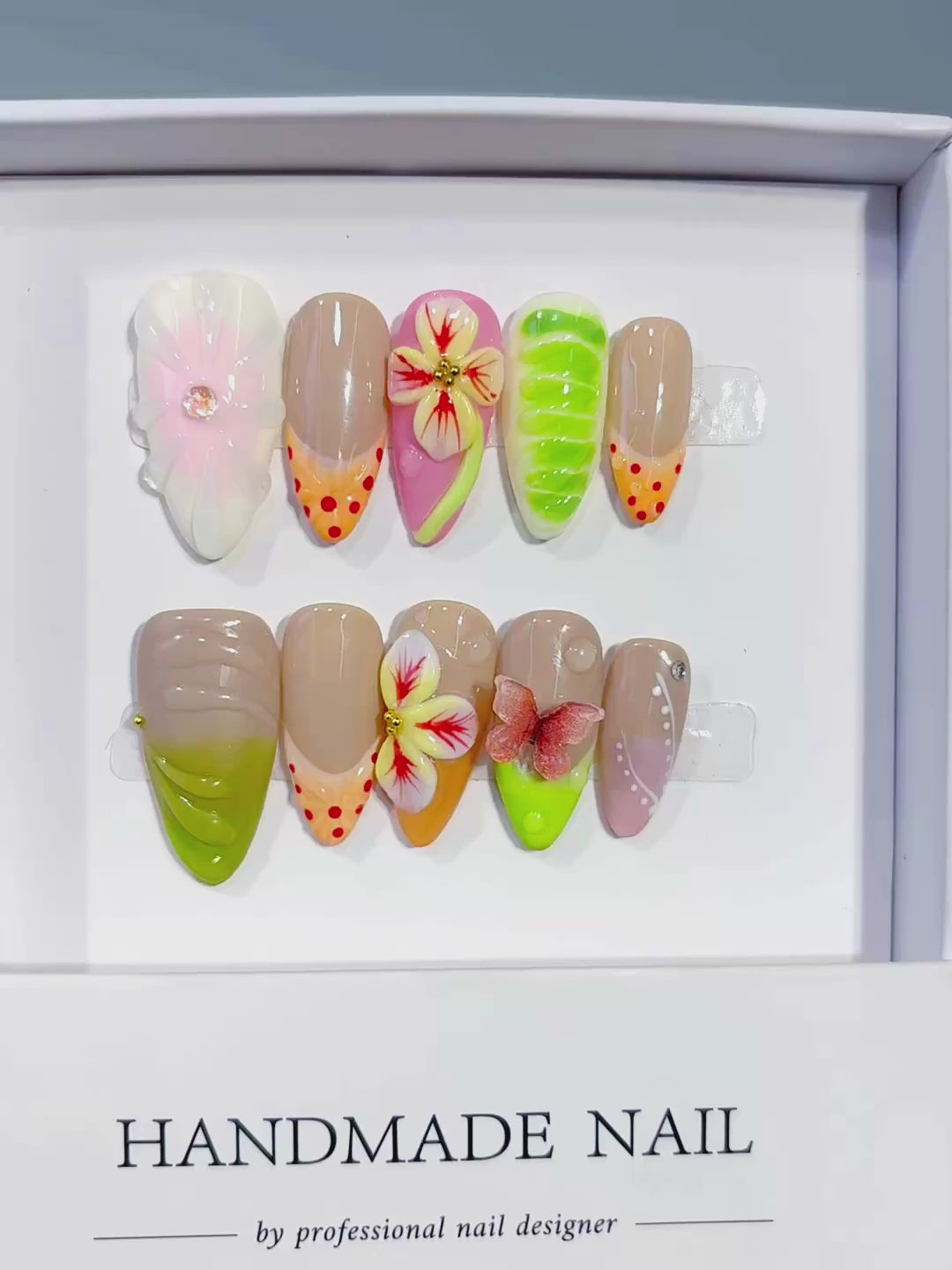 Nude Green Orange Pink Abstract Flower Fruit Dot Pattern press on nails video