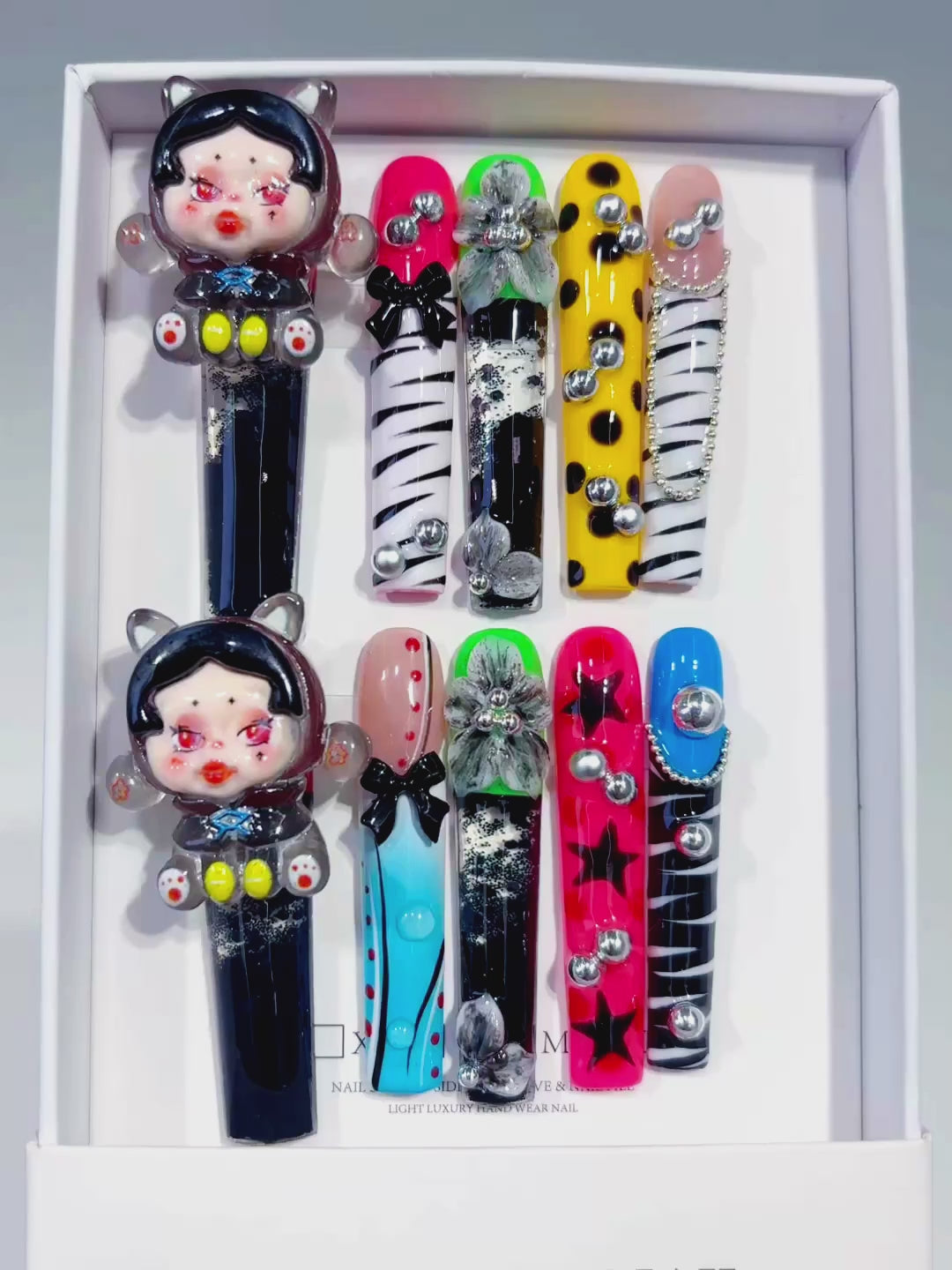 Black White Yellow Pink Blue Nude Green Silver Abstract Character Flower Bow Star Stud 3D press on nails video