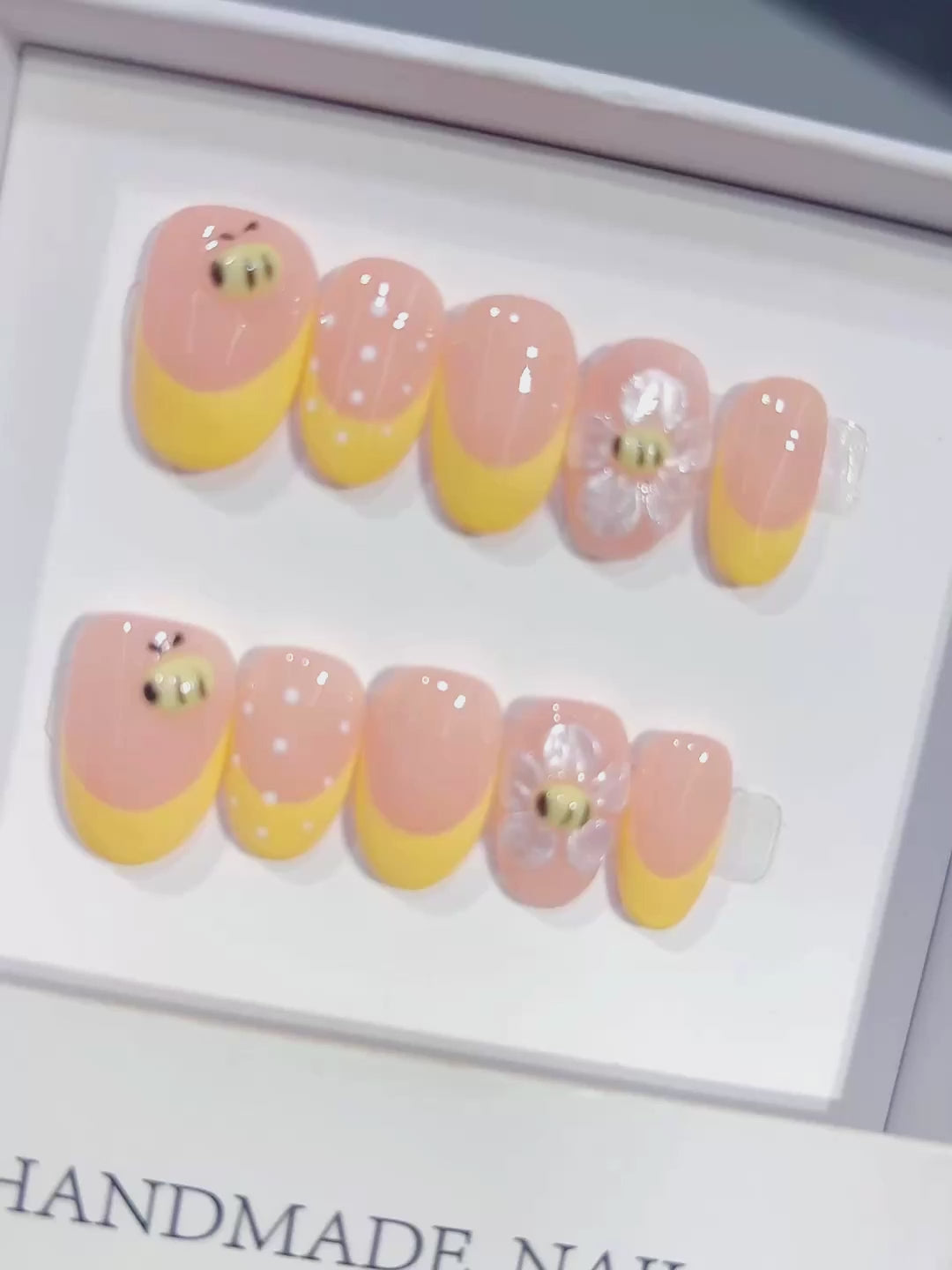 D651 - Short Nude Yellow Oval French Tip Polka Dot Bee - product video 1