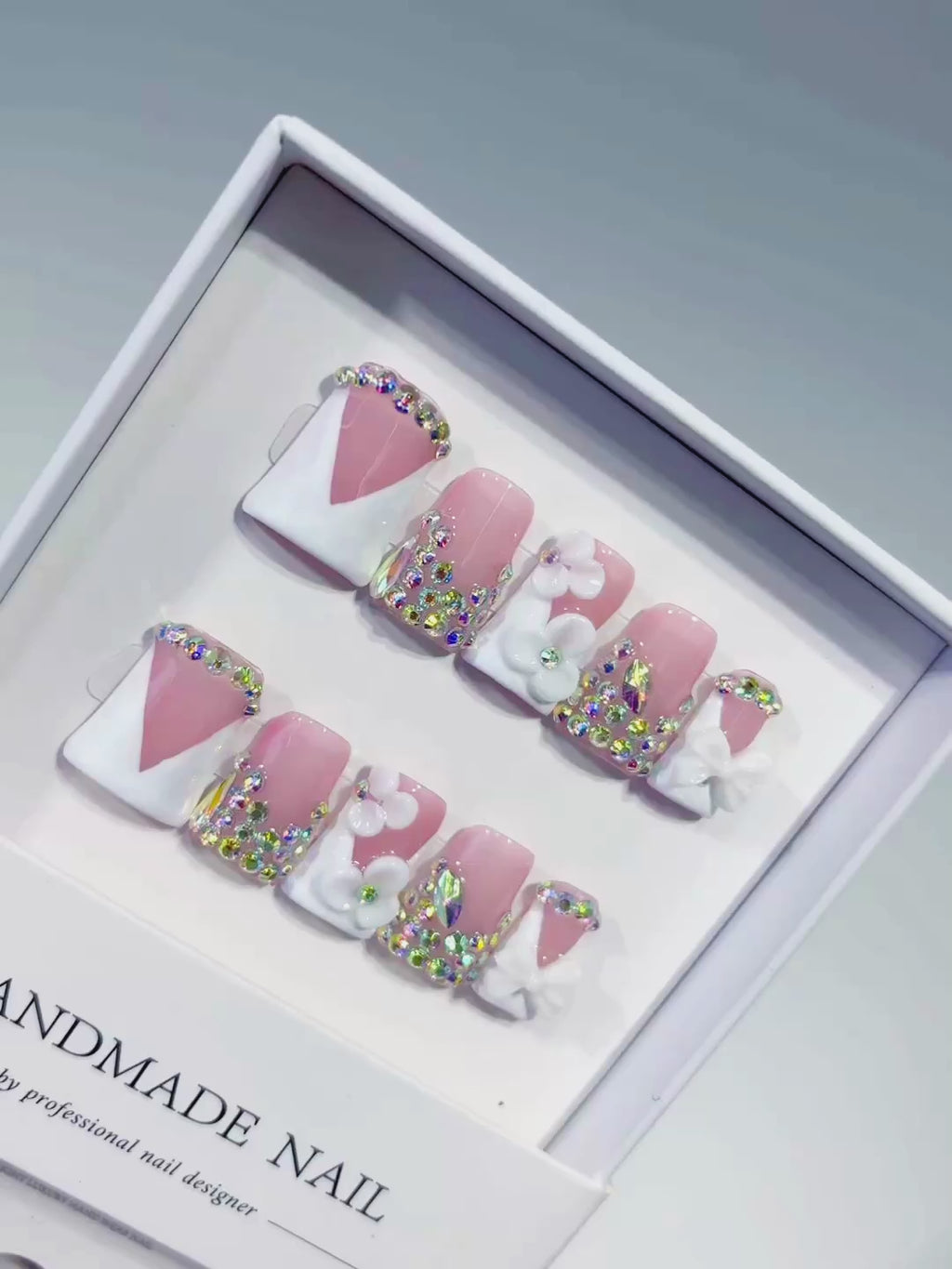 Nude Pink Silver Multicolor Glitter Heart 3D press on nails video