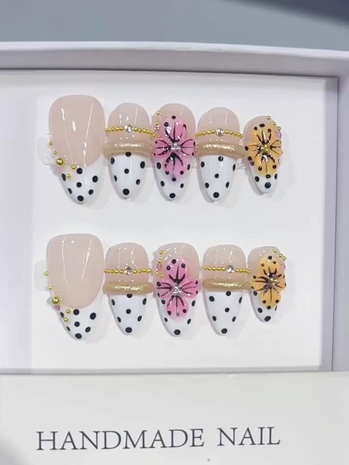D666 - Medium Nude White Almond French Tip Polka Dot Bows - product video 1