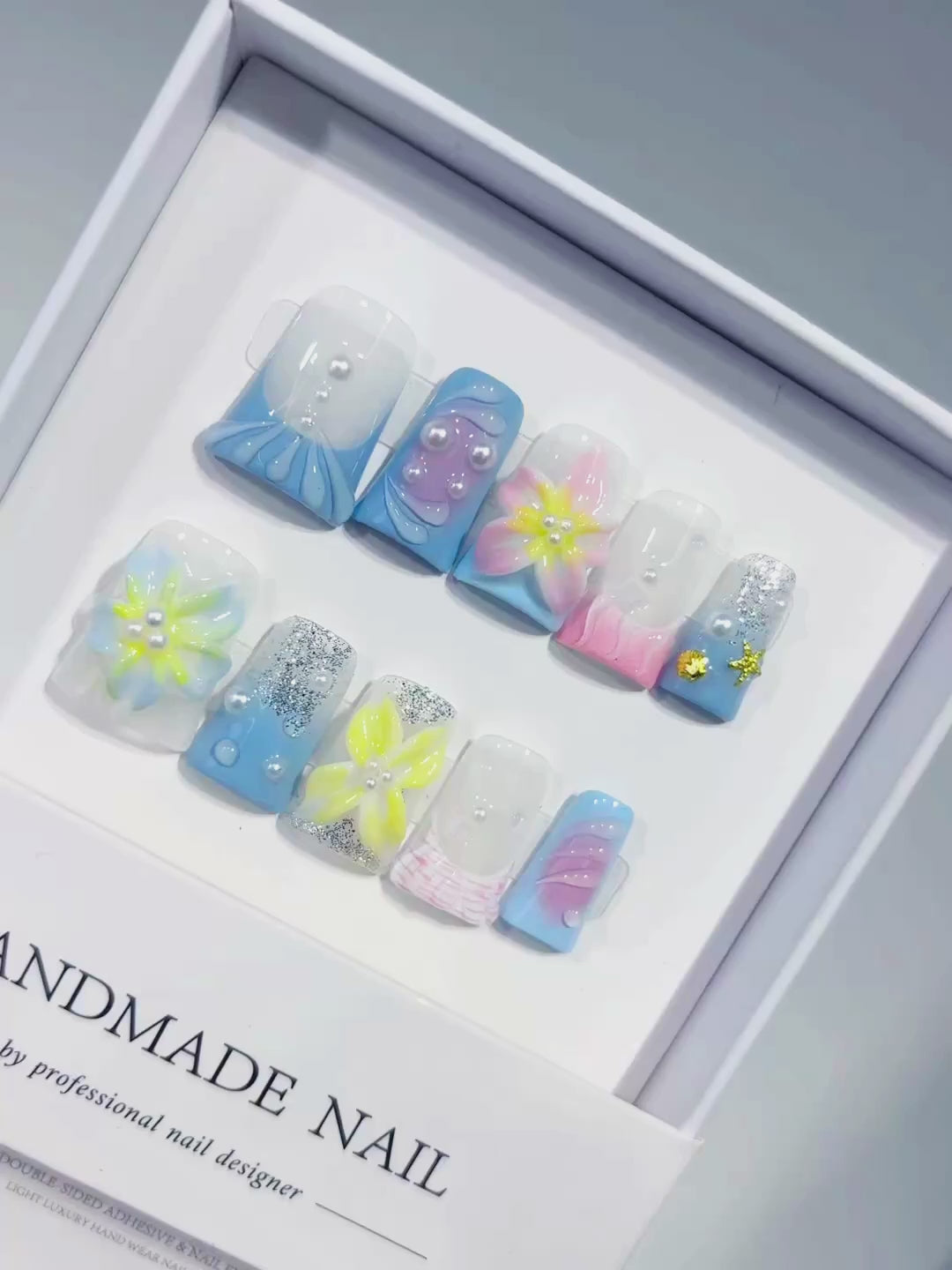 Blue White Yellow Pink Silver Abstract Flower Glitter Pearl 3D press on nails video
