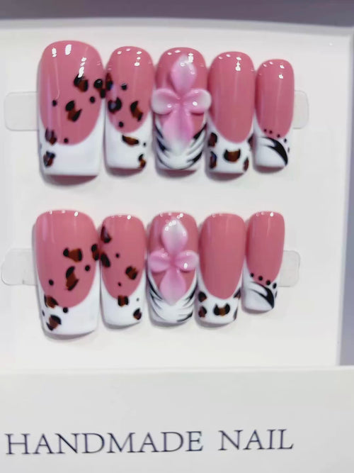 Pink White Brown Black Abstract Flower Animal Print press on nails video