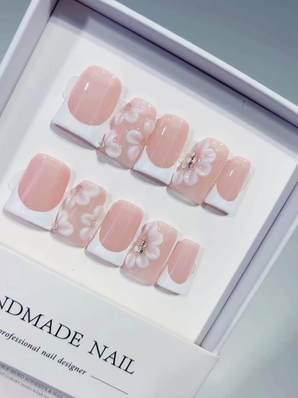 Nude White French tip Flower Rhinestone 3D press on nails video