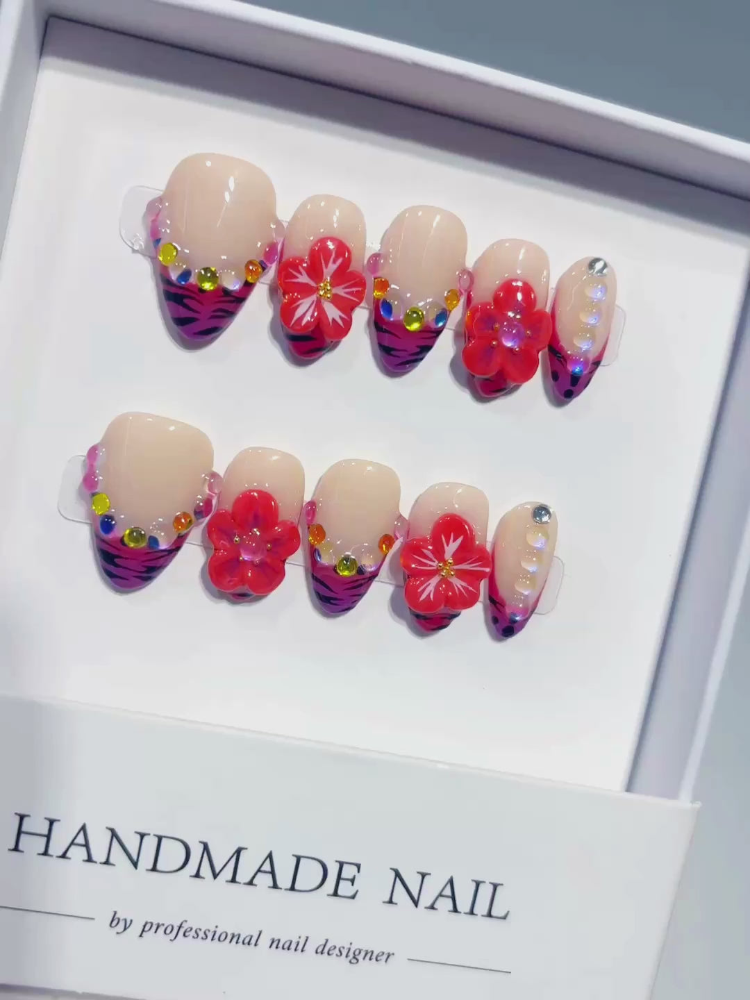 Nude Pink Purple Black Red Abstract Flower Animal Print Rhinestone press on nails video