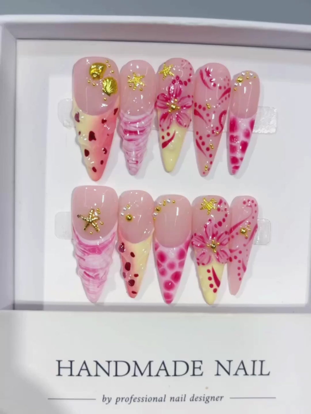 D660 - Long Nude Hot Pink Stiletto Multicolor French Polka Dot Flowers - product video 1