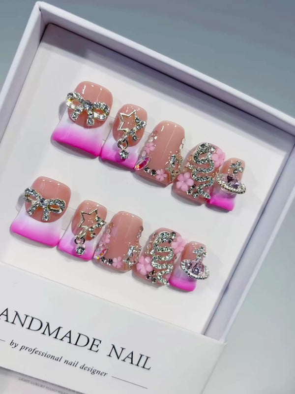 Nude Pink Silver Multicolor French tip Flower Snake Star Rhinestone press on nails video