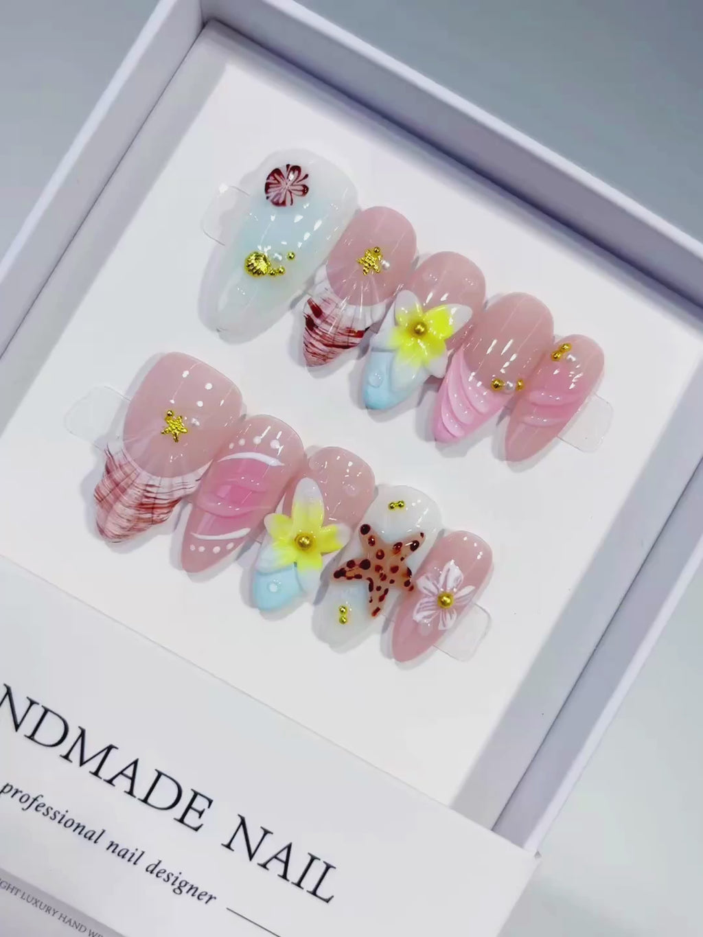 Pink White Brown Yellow Gold Abstract Flower Shell Dot Pattern press on nails video