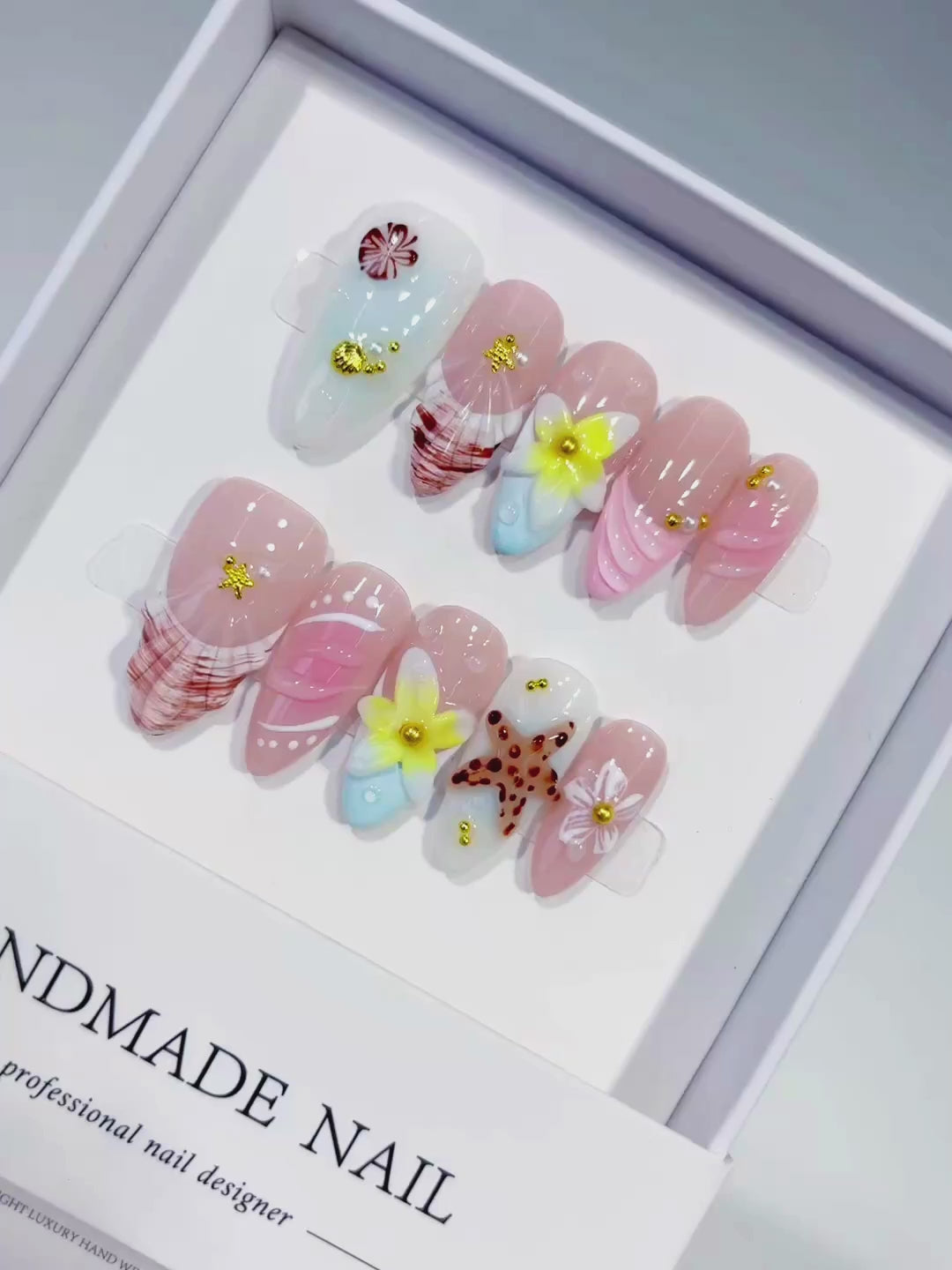 Pink White Brown Yellow Gold Abstract Flower Shell Dot Pattern press on nails video
