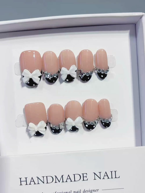 Nude Black White French tip Bow Rhinestone press on nails video
