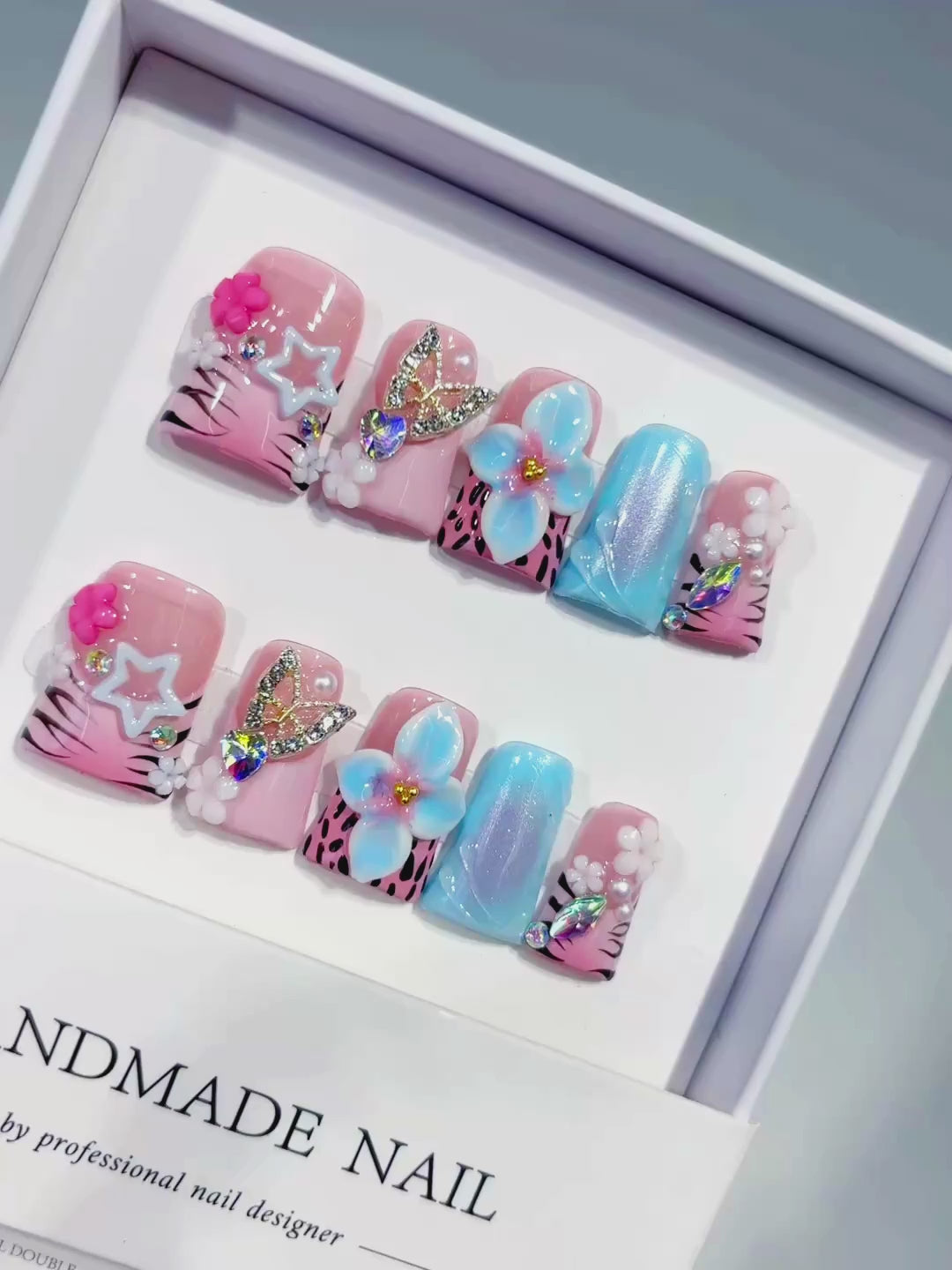 Pink Blue Black White Silver Abstract Flower Butterfly Star Rhinestone 3D press on nails video
