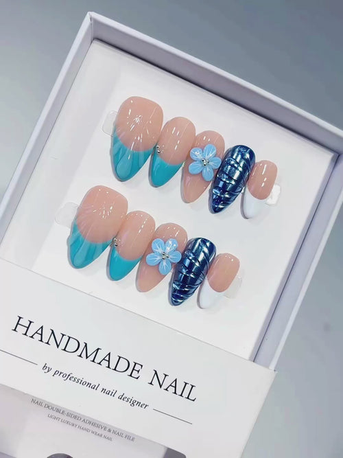 Nude Blue White French tip Flower Cat Eye press on nails video