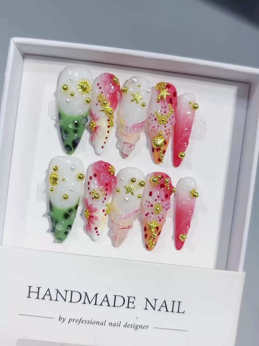 K048 - Long Green Pink Stiletto Garden 3D Flowers - product video 1