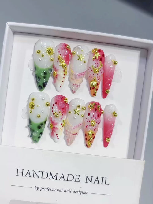 K048 - Long Green Pink Stiletto Garden 3D Flowers - product video 1