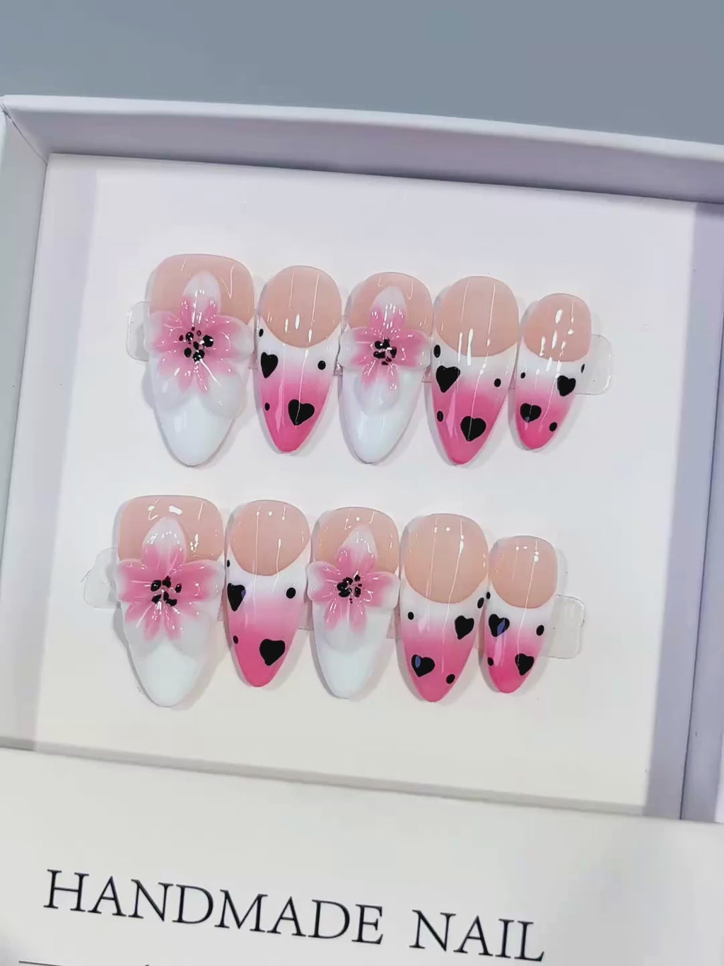 Pink White Black French tip Flower Heart press on nails video