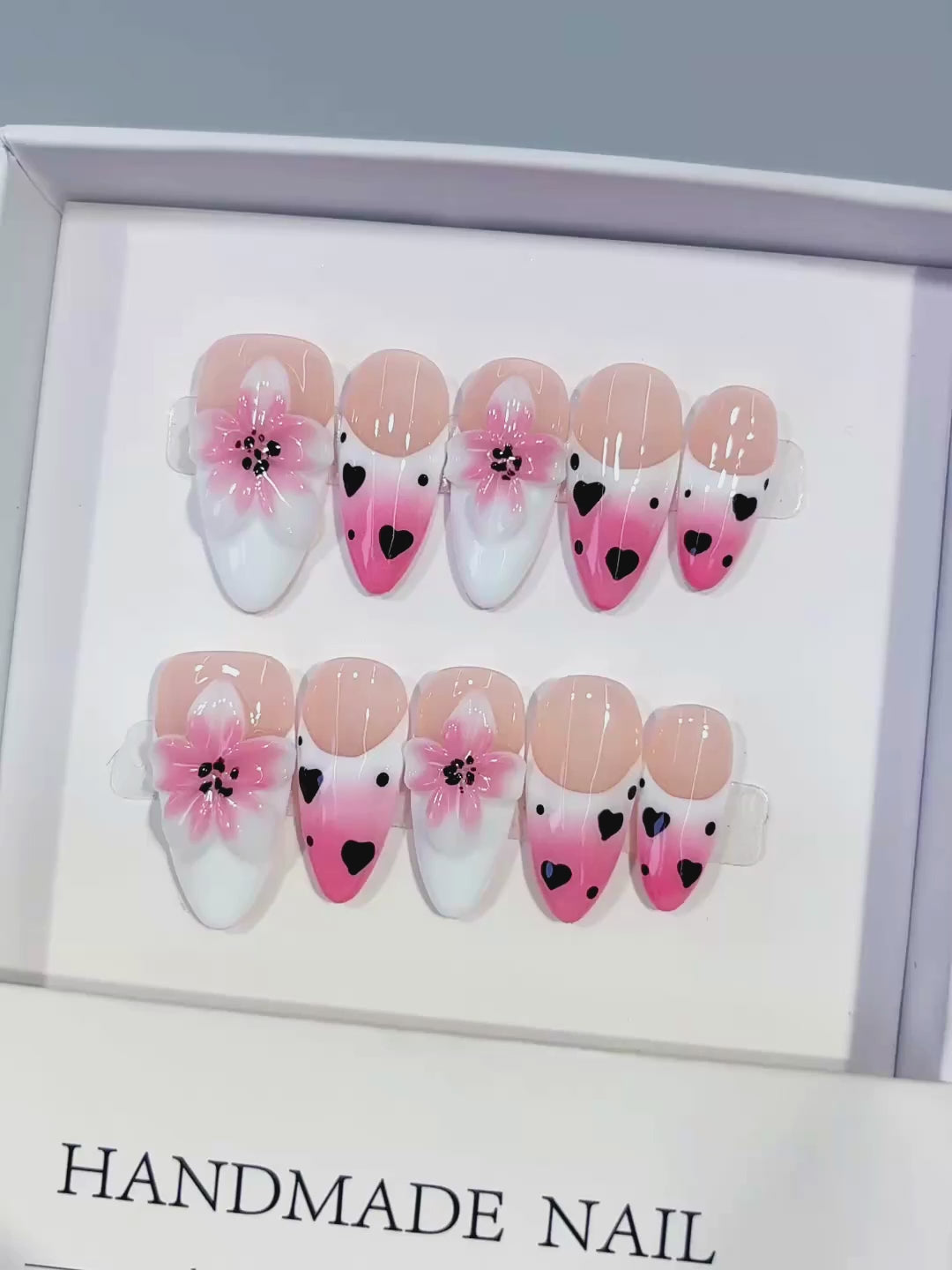 Pink White Black French tip Flower Heart press on nails video