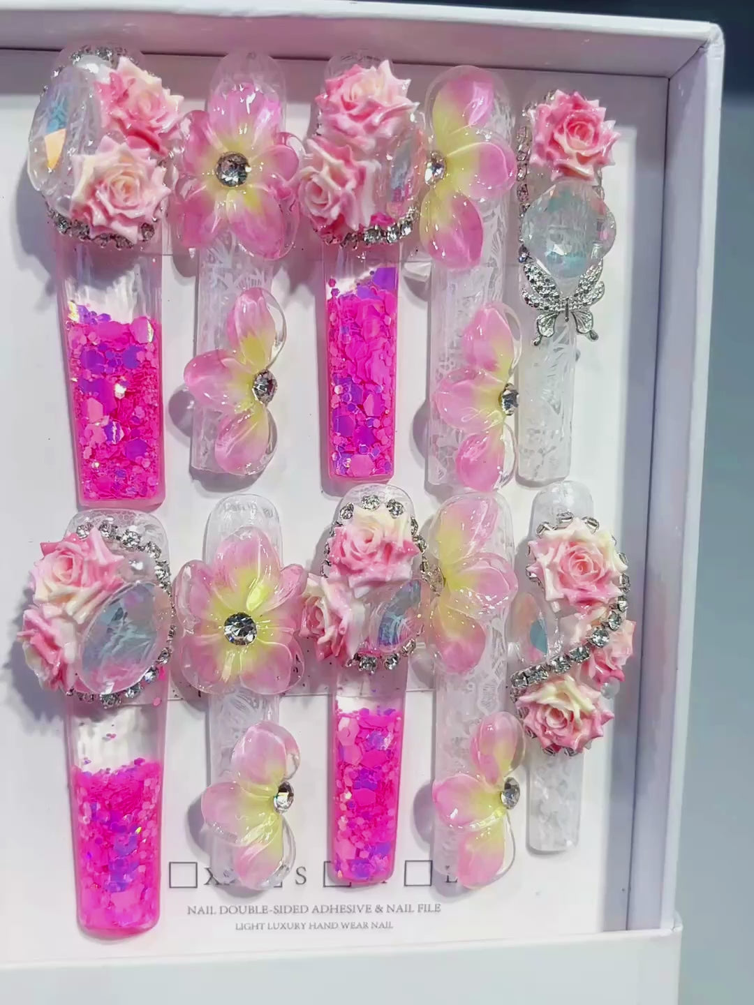 Pink White Yellow Silver Multicolor Glitter Flower Rose Rhinestone Crystal Cluster 3D press on nails video