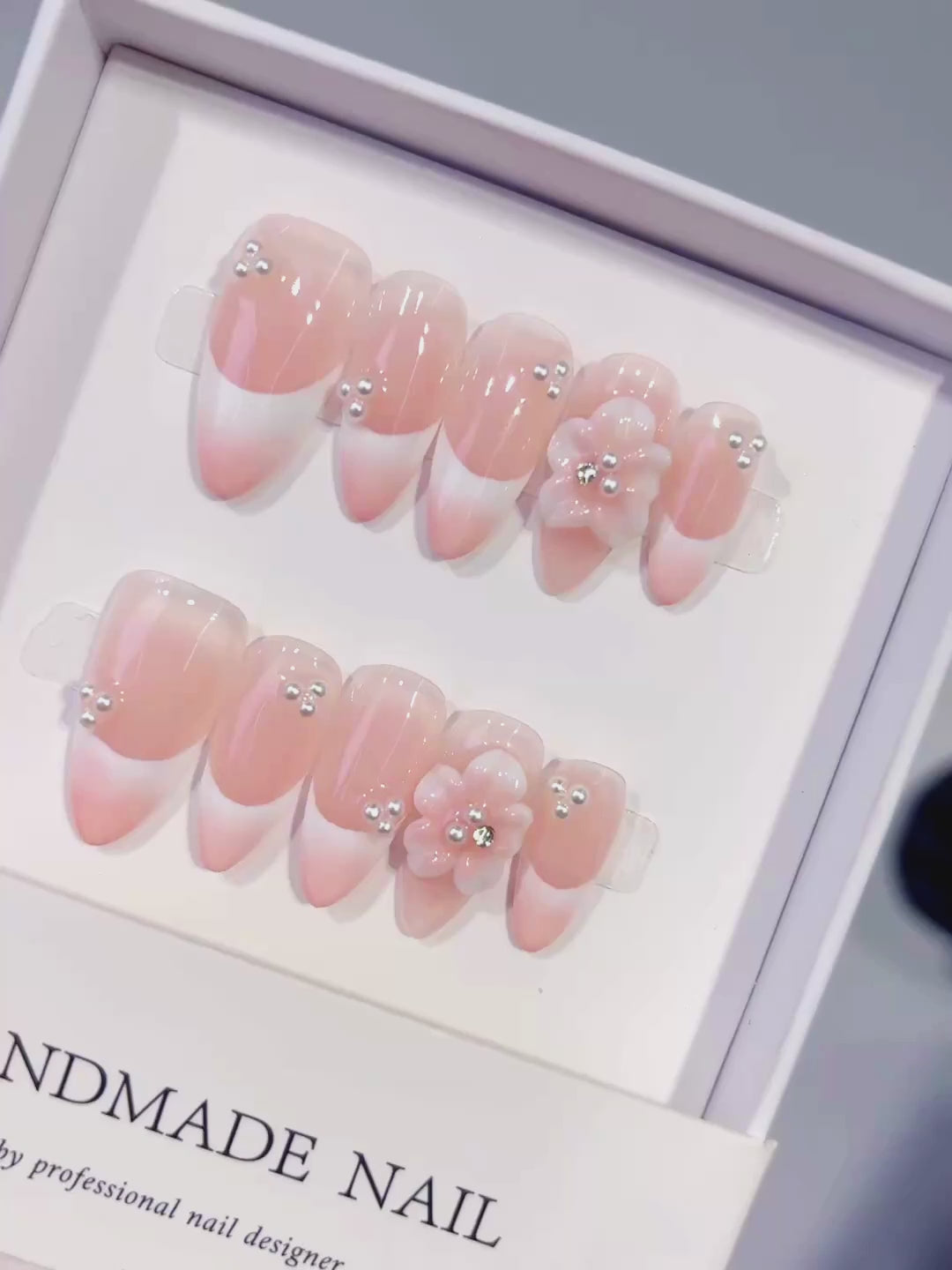 Pink White Silver French tip Flower Rhinestone press on nails video